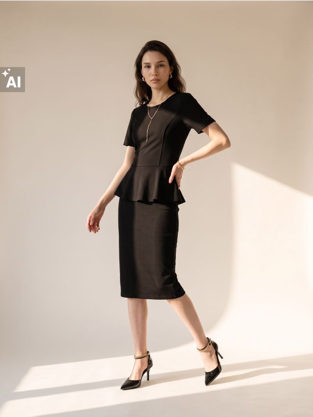 Sinsay - Rochie midi cambrată cu peplum - negru