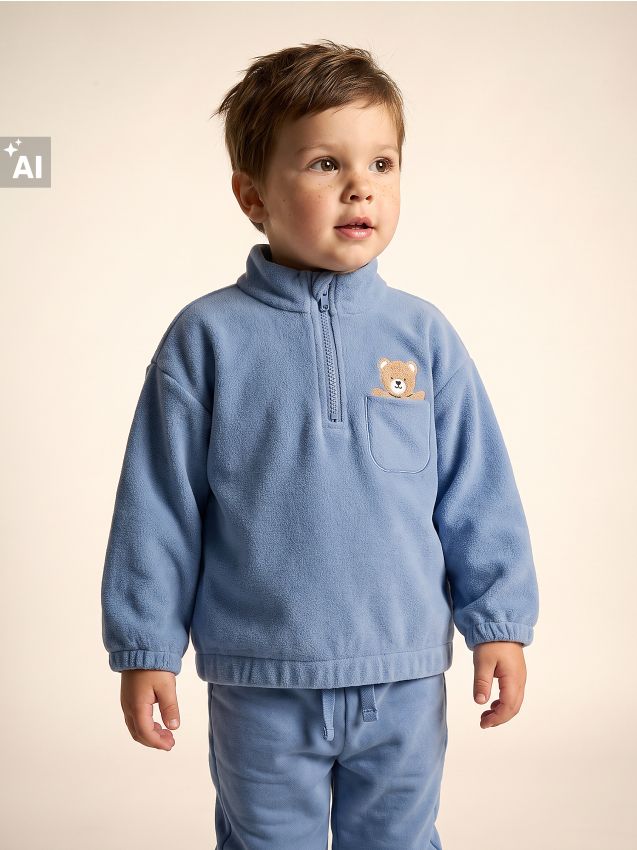 Sinsay - Hanorac din fleece half-zip cu broderie cu ursuleț - Gri-albăstrui