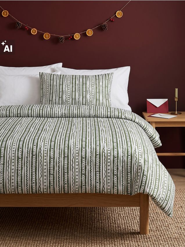 Sinsay - Set de lenjerie de pat din bumbac cu model geometric și brazi de Crăciun - verde