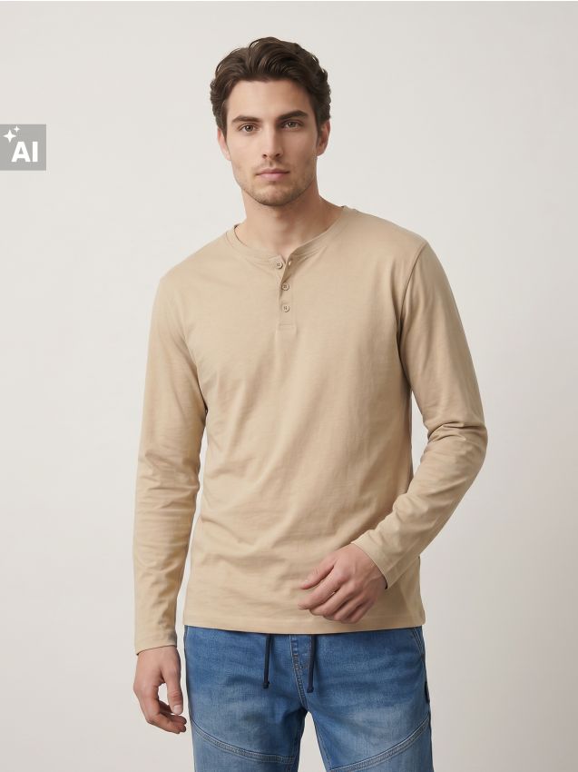 Sinsay - Tricou henley din bumbac cu mâneci lungi - bej