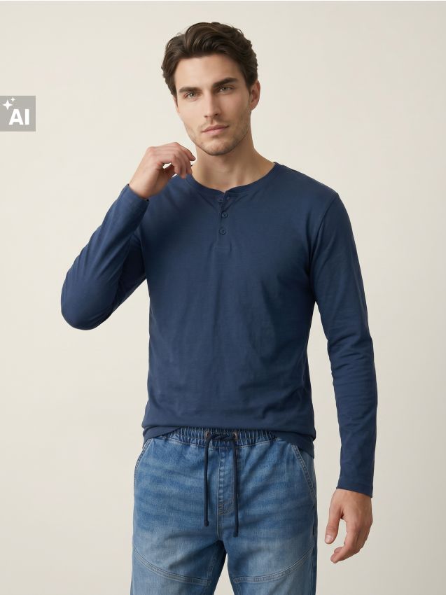 Sinsay - Tricou henley din bumbac cu mâneci lungi - Gri-albăstrui