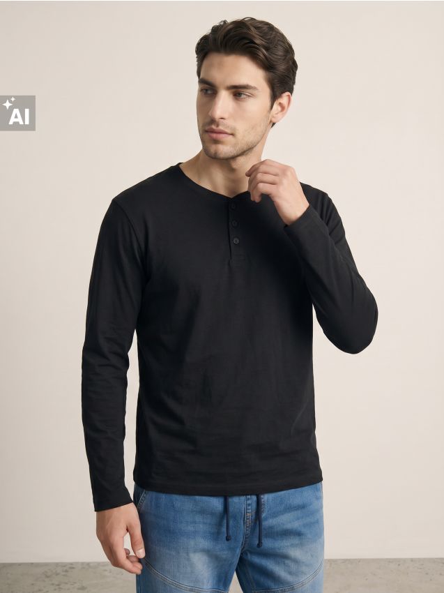 Sinsay - Tricou henley din bumbac cu mâneci lungi - negru