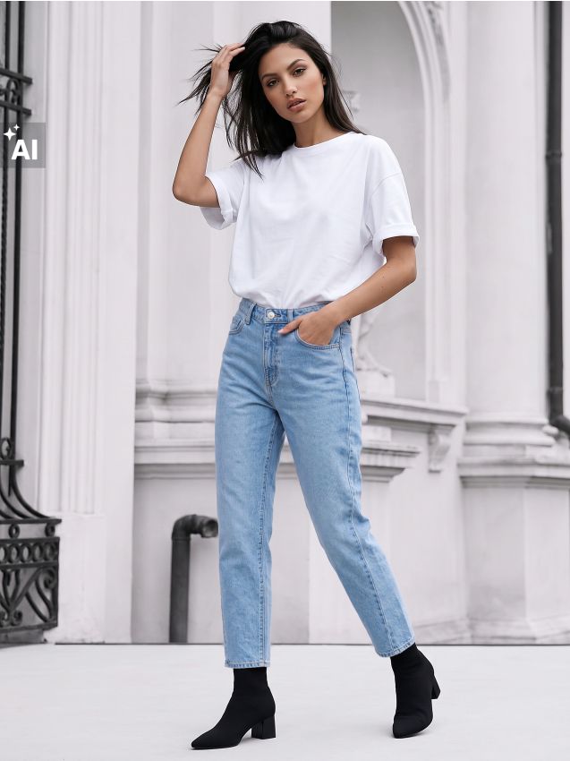 Sinsay - Blugi mom fit cu efect spălat - albastru