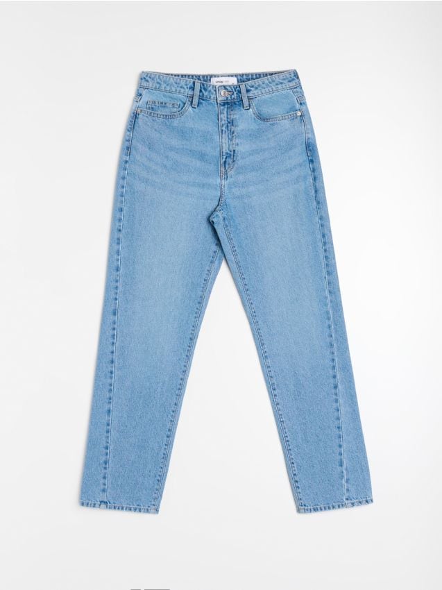 Sinsay - Blugi mom fit cu efect spălat - albastru