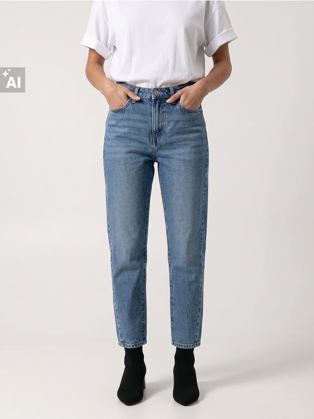 Sinsay - Blugi mom fit cu cusătură răsucită - albastru