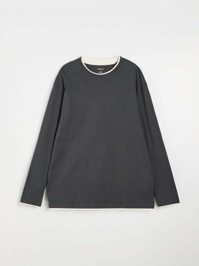Sinsay - Tricou din bumbac, cu mânecă lungă - negru-antracit