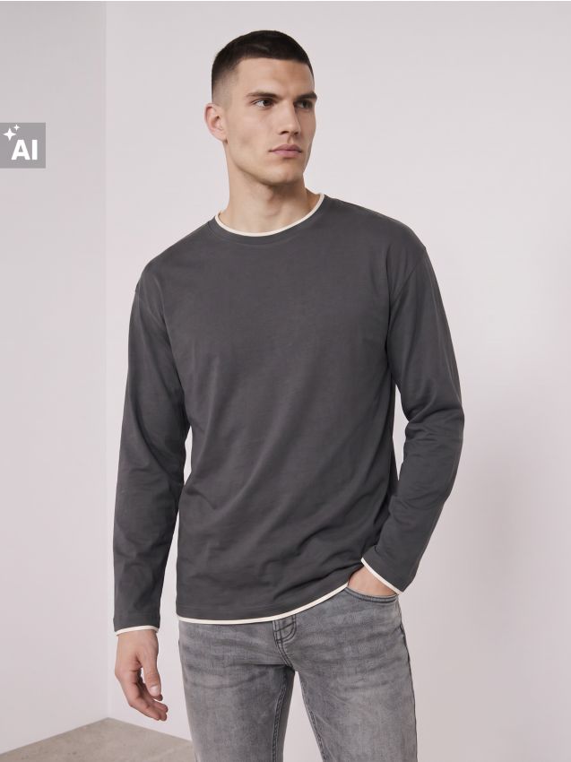 Sinsay - Tricou din bumbac, cu mânecă lungă - negru-antracit