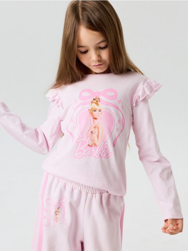 Sinsay - Tricou din bumbac cu imprimeu și volane Barbie - roz-pastel