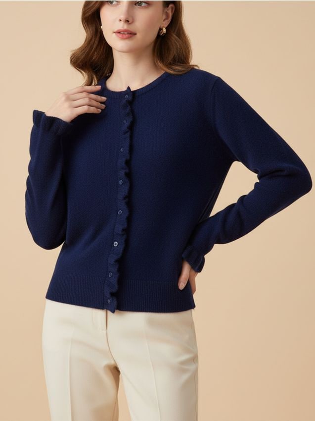 Sinsay - Kardigan z falbaną przy zapięciu - granatowy
