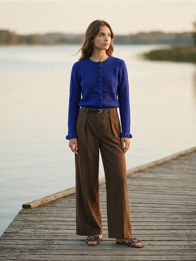 Sinsay - Kardigan z falbaną przy zapięciu - granatowy