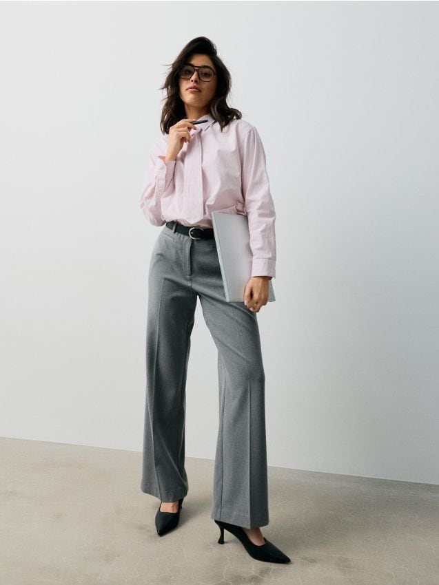 Sinsay - Pantaloni wide leg cu amestec de viscoză - gri deschis