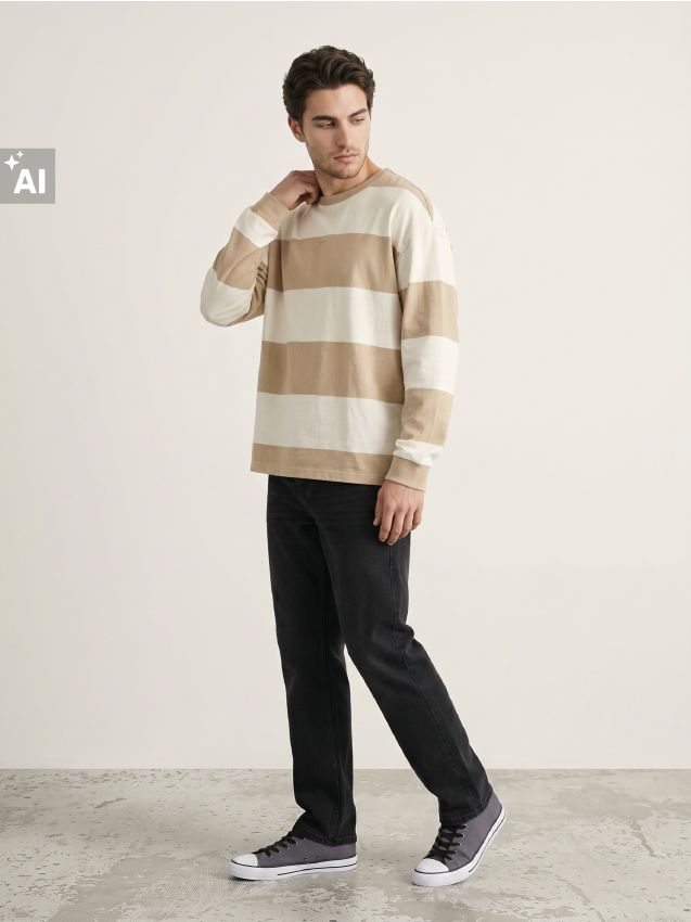 Sinsay - Tricou din bumbac cu mânecă lungă în dungi - bej