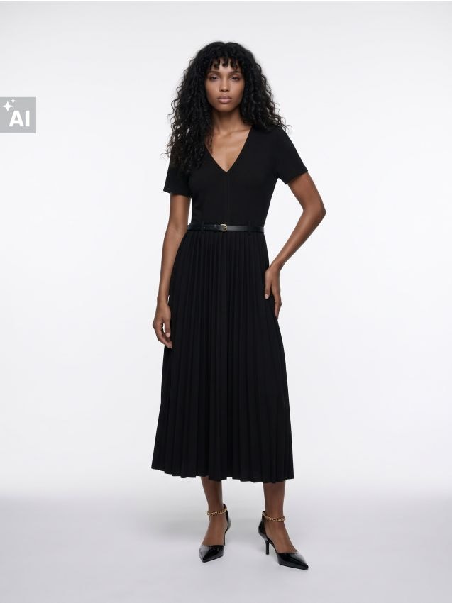 Sinsay - Rochie midi plisată cu curea - negru