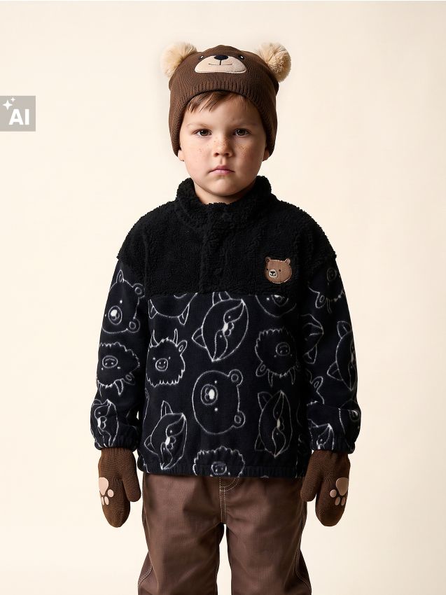 Sinsay - Bluză din fleece căptușită cu motiv de ursuleț - negru