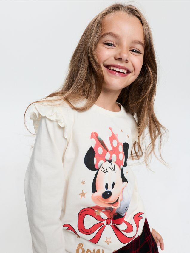 Sinsay - Tricou din bumbac cu mânecă lungă cu imprimeu Minnie Mouse - crem