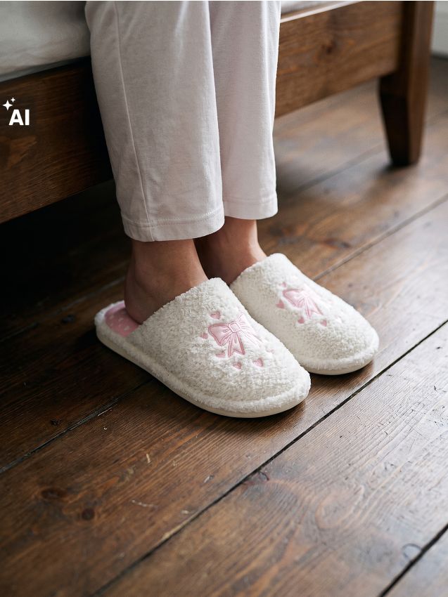 Sinsay - Papuci cu blană artificială și broderie - crem