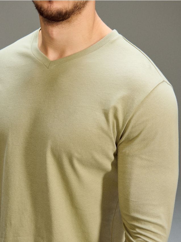 Sinsay - Bawełniana koszulka z długim rękawem i dekoltem V - zielony