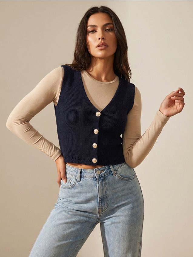 Sinsay - Bawełniana kamizelka z ozdobnymi guzikami - granatowy