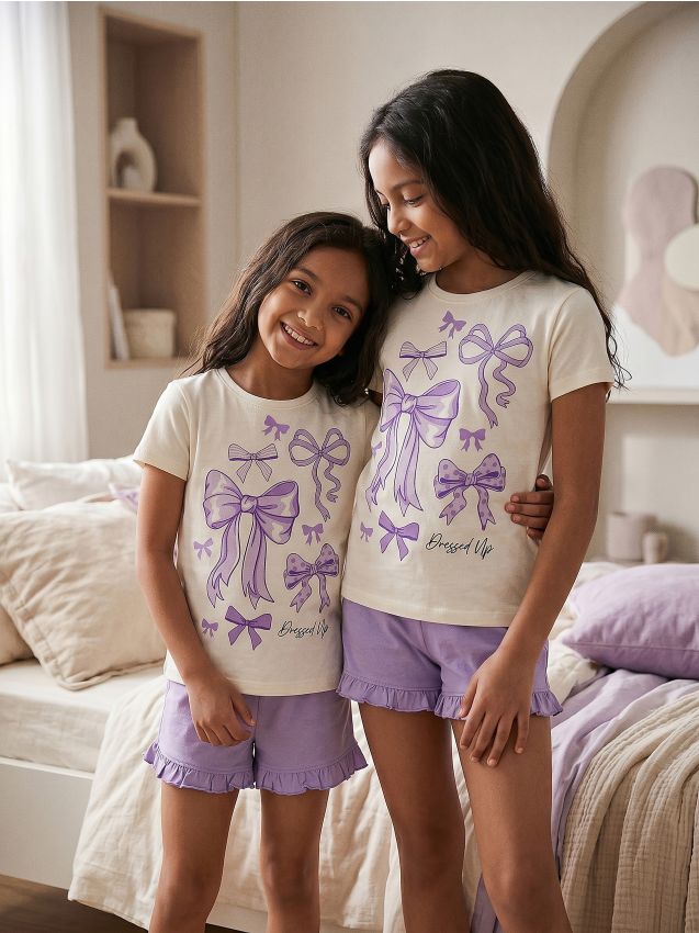 Sinsay - Pijama din bumbac din două piese cu motiv fundițe - crem