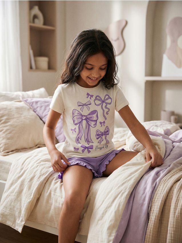 Sinsay - Pijama din bumbac din două piese cu motiv fundițe - crem