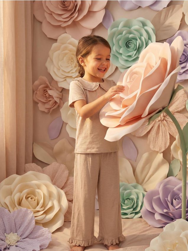 Sinsay - Pijama din bumbac în două piese cu broderie în formă de fundiță - bej