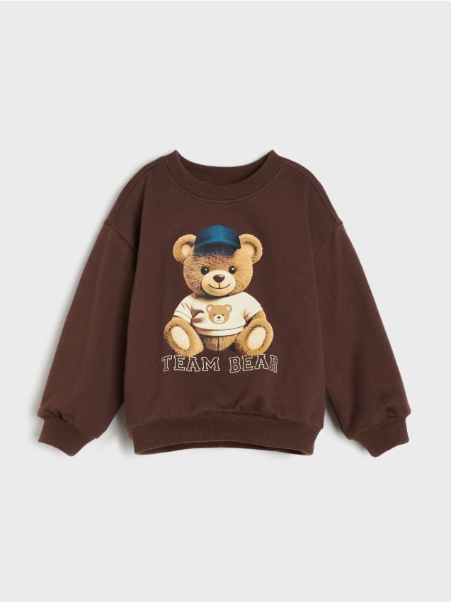 Sinsay - Hanorac din bumbac crewneck cu imprimeu ursuleț - maro
