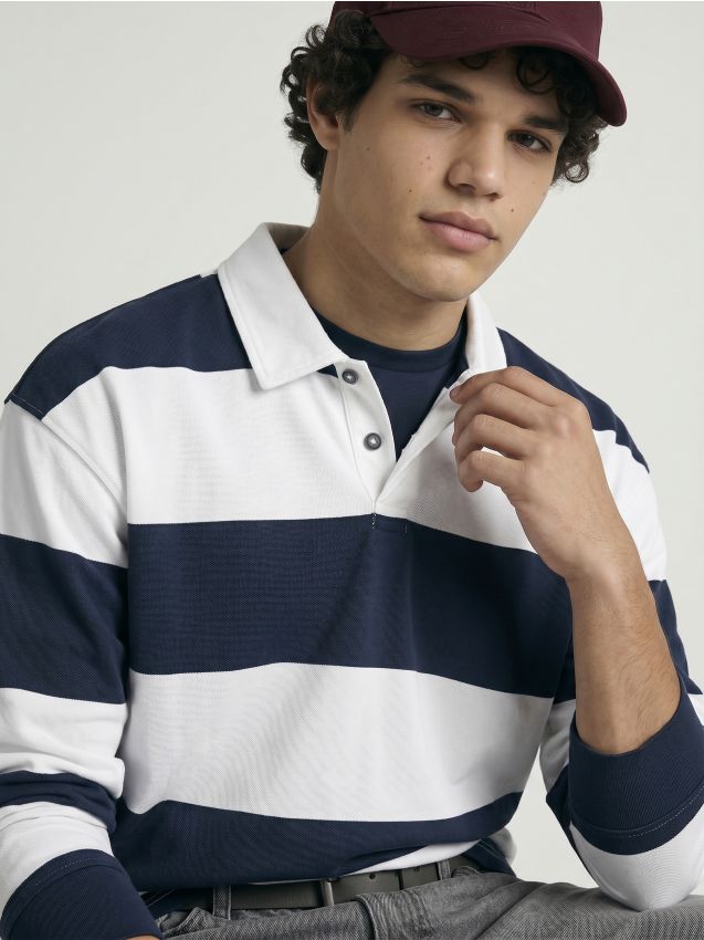 Sinsay - Tricou polo din bumbac cu dungi - bleumarin