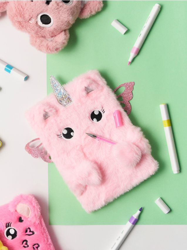 Sinsay - Caiet de pluș cu motiv de unicorn și pix - roz