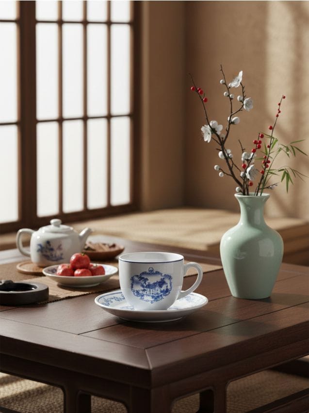 Sinsay - Ceașcă și farfurioară din ceramică cu ornament - albastru-pal