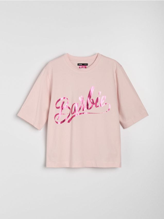 Sinsay - Bawełniana koszulka z napisem Barbie - różowy
