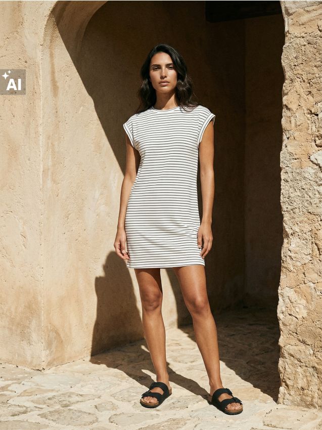 Sinsay - Rochie mini din bumbac în dungi cu mânecă scurtă - multicolor