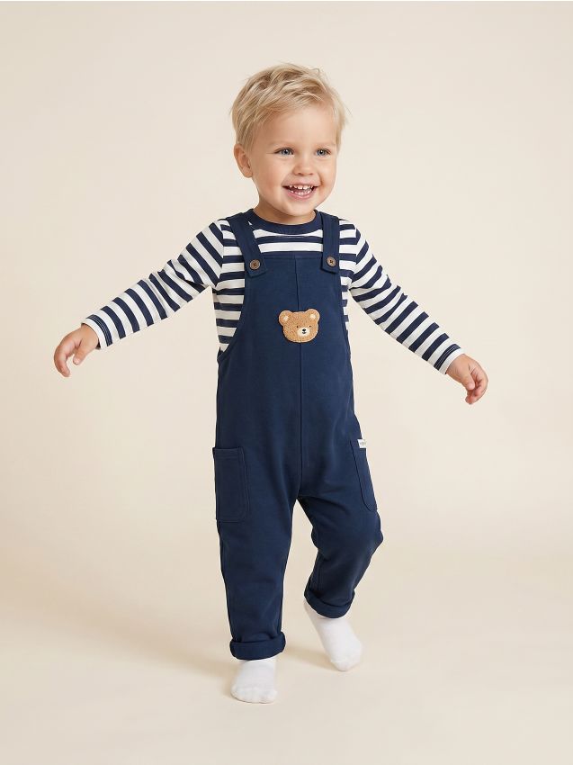 Sinsay - Set din bumbac: Salopetă elastică și tricou cu mânecă lungă în dungi - multicolor