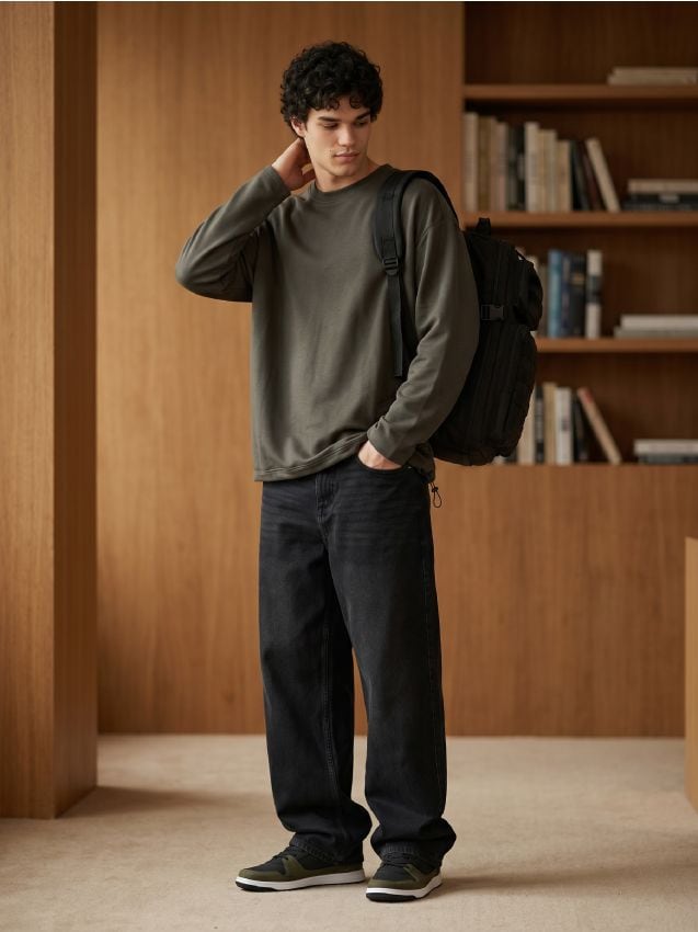 Sinsay - Tricou din bumbac comfort fit cu mânecă lungă și stopper - kaki