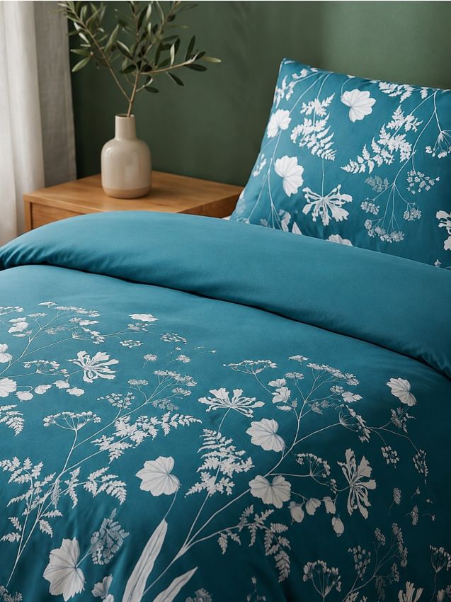 Sinsay - Set de Lenjerie de Pat cu Motiv Botanic - albastru metalizat