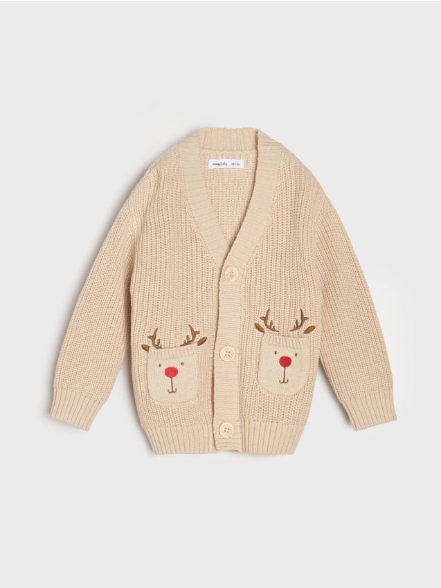 Sinsay - Vianočný kardigan s vreckami v tvare sobov - béžová