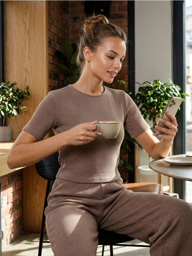 Sinsay - Tricou cu mânecă scurtă - cafeniu