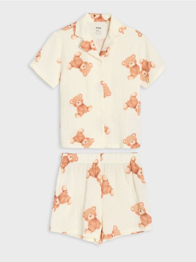 Sinsay - Pijama din două piese din bumbac muslin cu imprimeu cu urși - crem