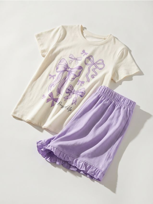 Sinsay - Pijama din bumbac din două piese cu motiv fundițe - crem