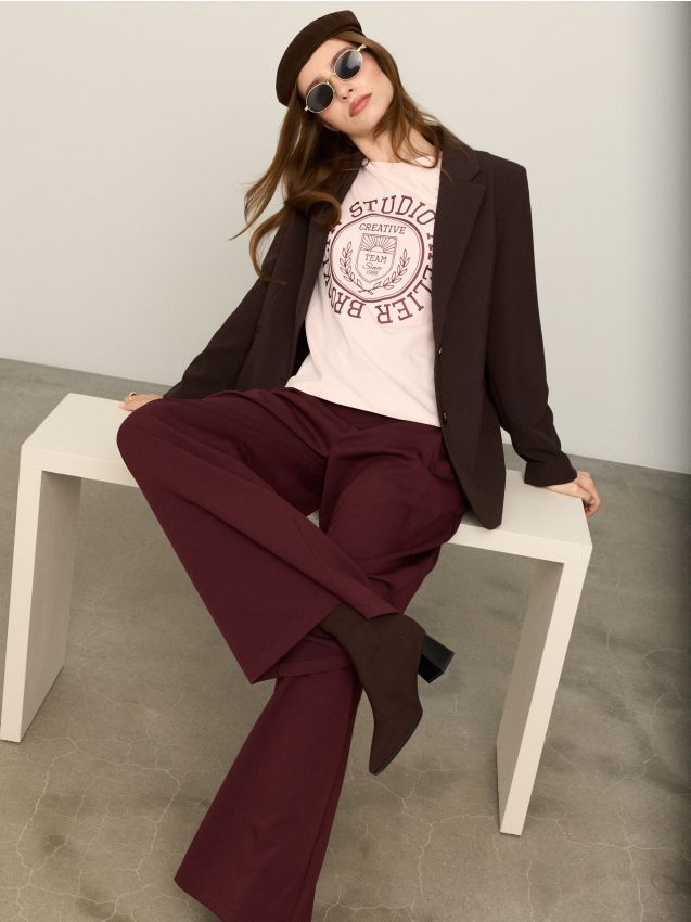 Sinsay - Pantaloni wide leg cu amestec de viscoză - violet-închis