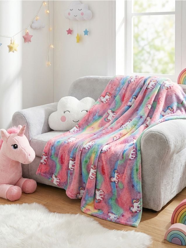 Sinsay - Pătură din flanel care luminează în întuneric cu motiv de unicorni - roz