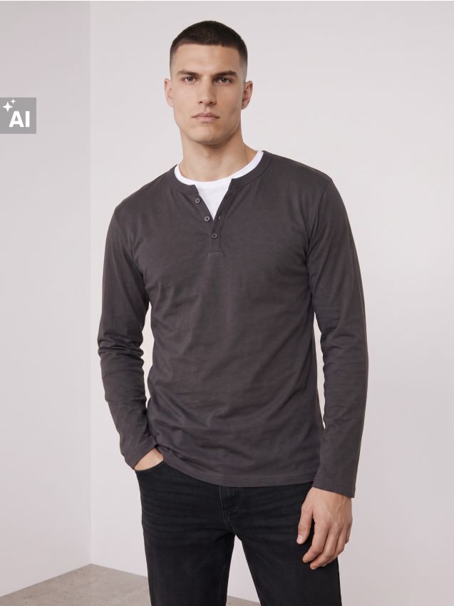 Sinsay - Tricou din bumbac, cu mânecă lungă - albastru metalizat