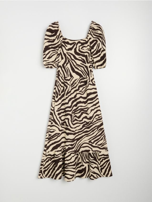 Sinsay - Fit and flare midi haljina sa zebra uzorkom i puf rukavima