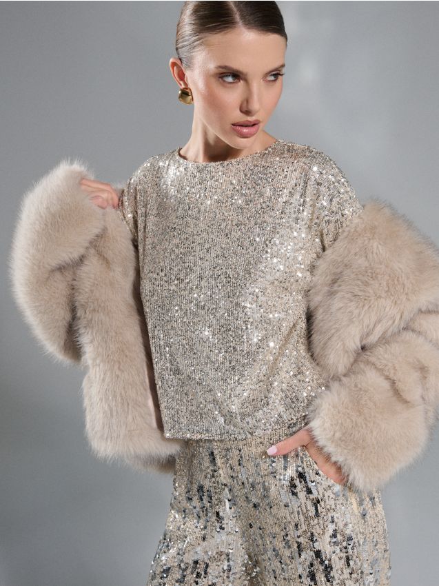 Sinsay - Flitrovaná blúzka s krátkym rukávom - strieborná