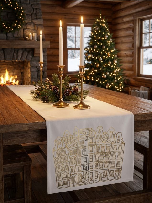 Sinsay - Traversă de masă de Crăciun cu imprimeu căsuțe - crem
