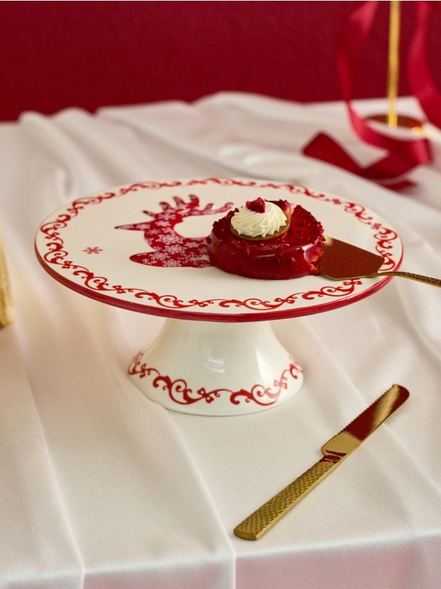Sinsay - Platou ceramic de Crăciun pe picior cu motiv de ren - alb