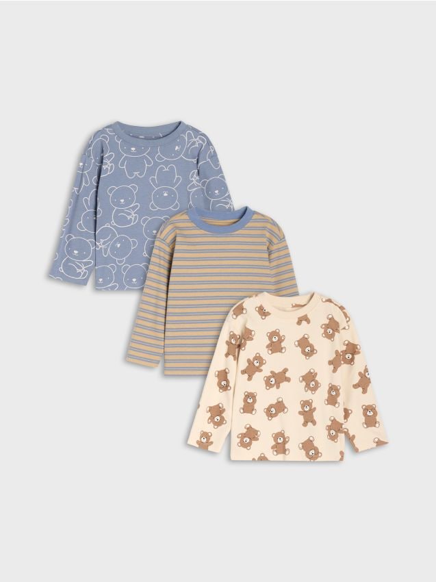 Sinsay - Tricouri cu mânecă lungă, dungi și motiv de ursuleți 3 pack - multicolor