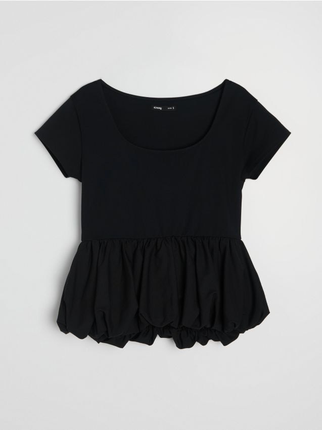 Sinsay - Tricou cu amestec de viscoză cu volan decorativ - negru