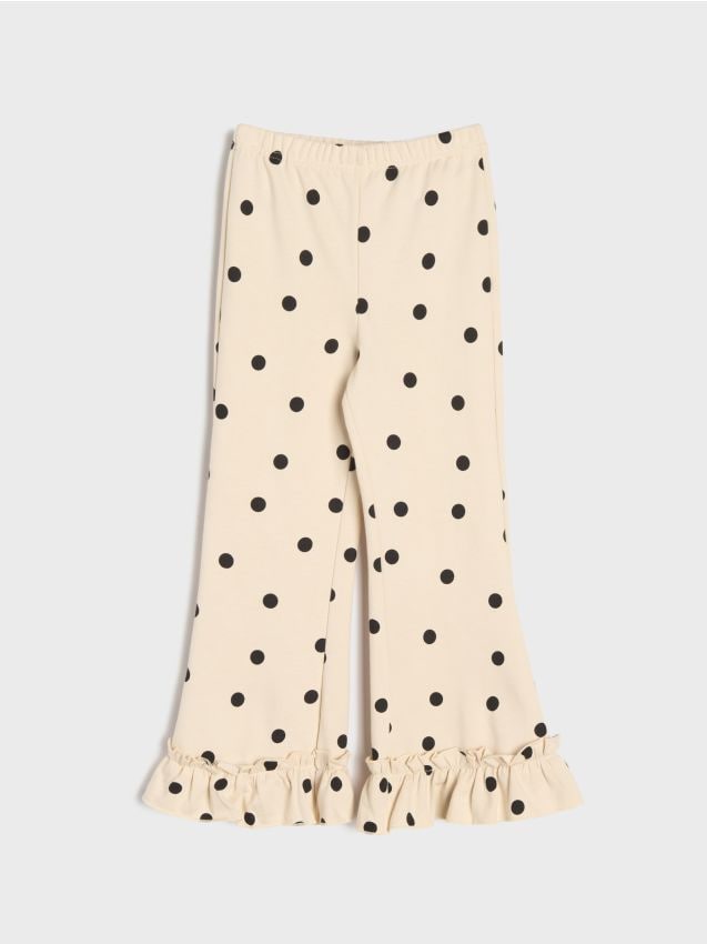 Sinsay - Spodnie flare w kropki z ozdobnymi falbankami - kremowy