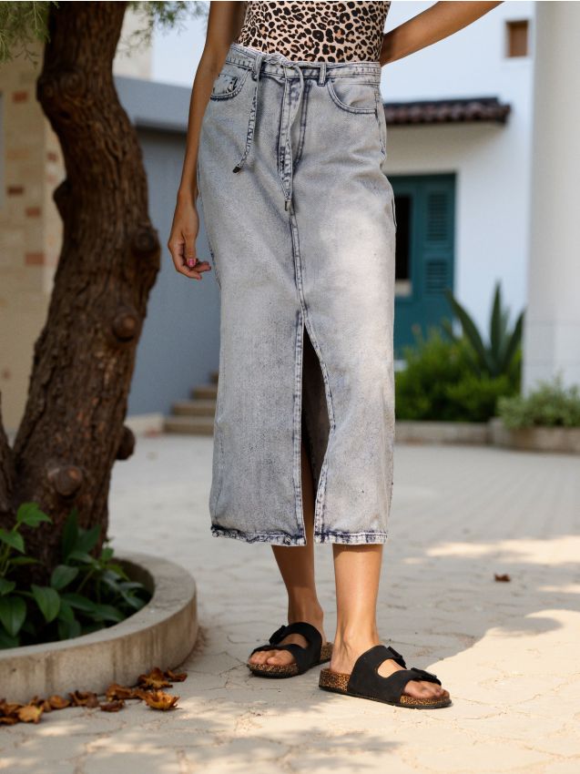 Jeans midi suknja s kaišem - SINSAY