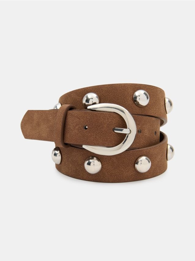 Sinsay - Curea din microfibră de imitatie cu ținte argintii - maro